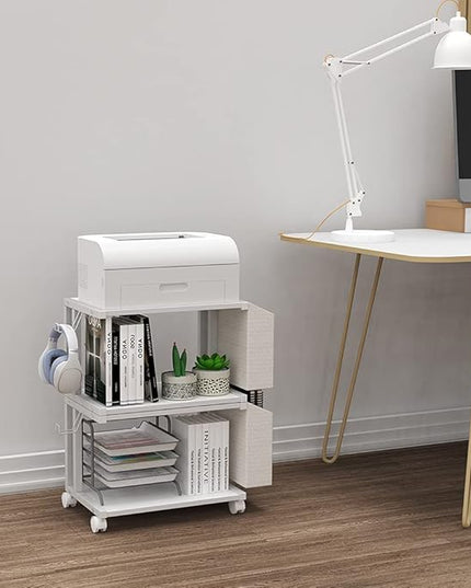 VEDECASA 2 Tier Modern White Wooden Under Desk Printer Stand with Storage Bag for Home Office Desktop Printer Table Organizer Mobile Printer Shelf Cart with Caster Wheel (White)
