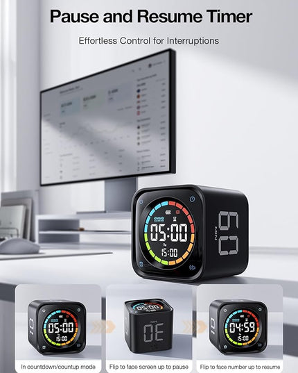 TK3 Pomodoro Timer Cube, Desk Productivity Timer with 5/10/30/60 Min Presets, Custom Countdown, Stopwatch, Clock, 3 Alarm, Silent, Vibrate & Sound Alert, for Task, ADHD, Study, Kitchen, Black