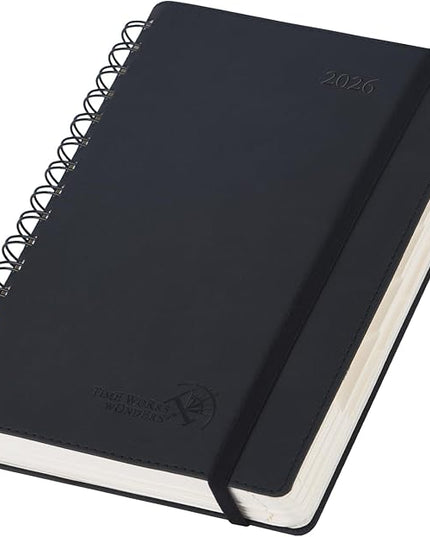 POPRUN 2026 Daily Planner One Page per Day (Medium 6'' x 8.5'') - 12 Months Calendar Appointment Book with Hourly Slots, Inner Pocket, Monthly Tabs, Pen Holder - Black