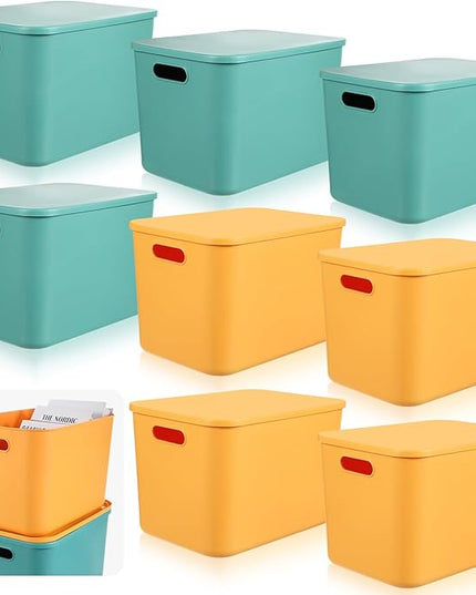 Hoolerry 8 Pieces Colorful Storage Bins with Lid, Plastic Storage Basket Organizing Container Stackable Box with Handle for Shelves Desktop Playroom Office(14.2 x 10.2 x 9.5 Inch,Green and Yellow)