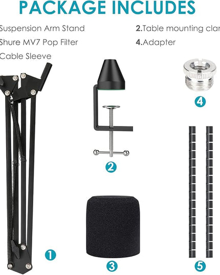 MV7 MV7X MV7+ Boom Arm - Mic Arm with Foam Cover Windscreen Compatible with Shure MV7 and Shure MV7X and Shure MV7+ Microphone with Pop Filter and 2 Cable sleeves by YOUSHARES