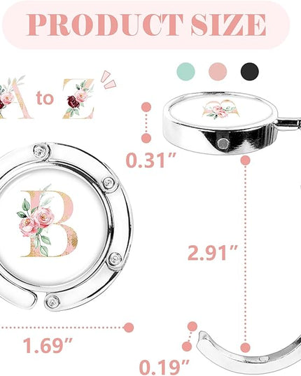 3pcs Personalized Initial Foldable Purse Hook for Table, Flower Letter Folding Handbag Hanger Portable Magnet Table Hook Holder, Collection Desk Purse Hooks for Women Bag (Pink-B)