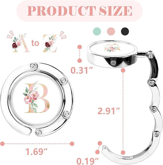 3pcs Personalized Initial Foldable Purse Hook for Table, Flower Letter Folding Handbag Hanger Portable Magnet Table Hook Holder, Collection Desk Purse Hooks for Women Bag (Pink-B)