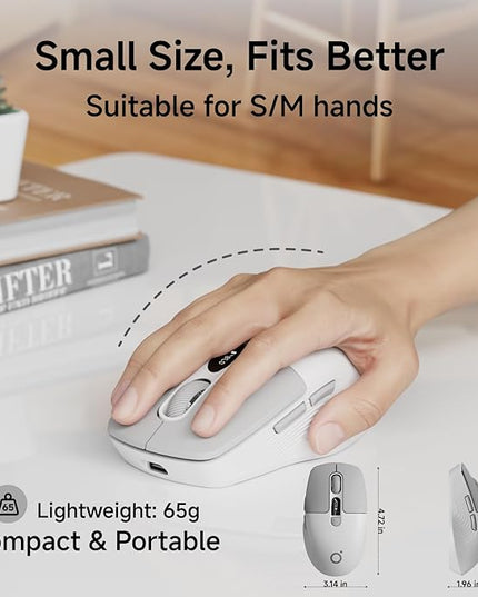 EWEADN Q1 Wireless Mouse, BT & 2.4G Silent Mouse Quiet Click with 1600 DPI Levels, Battery & DPI LED Screen Display, 6 Button Small Portable Bluetooth Mouse for Laptop/PC/Mac-Grey
