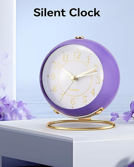 rjuwurv Metal Desk Alarm Clock, Retro Bedroom Table Vintage Analog Silent Non-Ticking Gold Alarm Clock, Bedside Decor(Violet Purple)