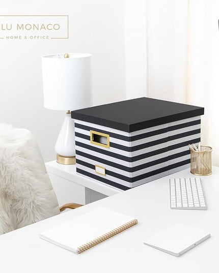 BLU MONACO | Decorative Hanging File Box with Lid | File Bins with Lids for Desk Storage | Desktop Hanging File Organizer for Legal Letter Folders Black White