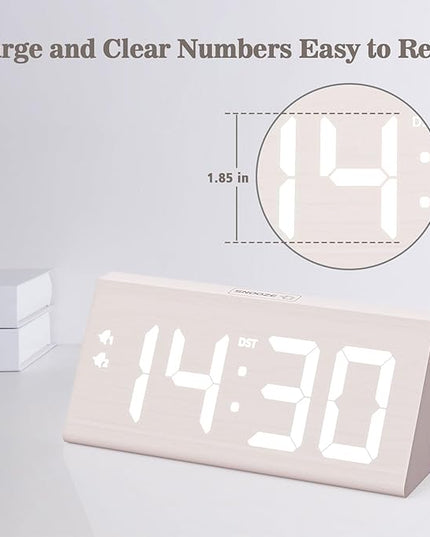 fomobest Wooden Digital Alarm Clock with Dual USB Charging Ports, DST, Dimmable, Snooze, Modern Large Time Display LED Clock for Kids Bedrooms, Living Room, Desk, Table, Bedside, Nightstand (White)