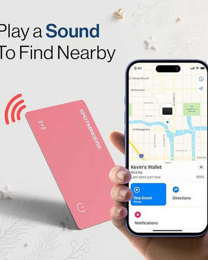 SPOTMINDERS Apple MFi Certified Wallet Tracker for Valentines Day Gifts for Women (iOS Only) Works with Apple Find My IP68 Rechargeable Tracking Card 0.07in Slim iPhone Item Finder for Luggage, Purse