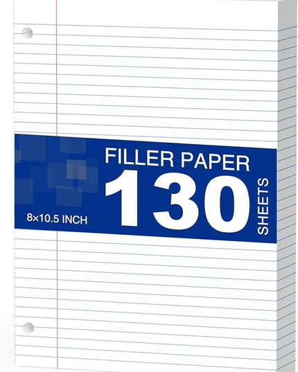 White Loose Leaf Paper 130 Sheets Filler Paper 8 * 10.5 College Ruled 3-Hole Punched for 3-Ring Binders Notebook Lined 8" x 10.5"