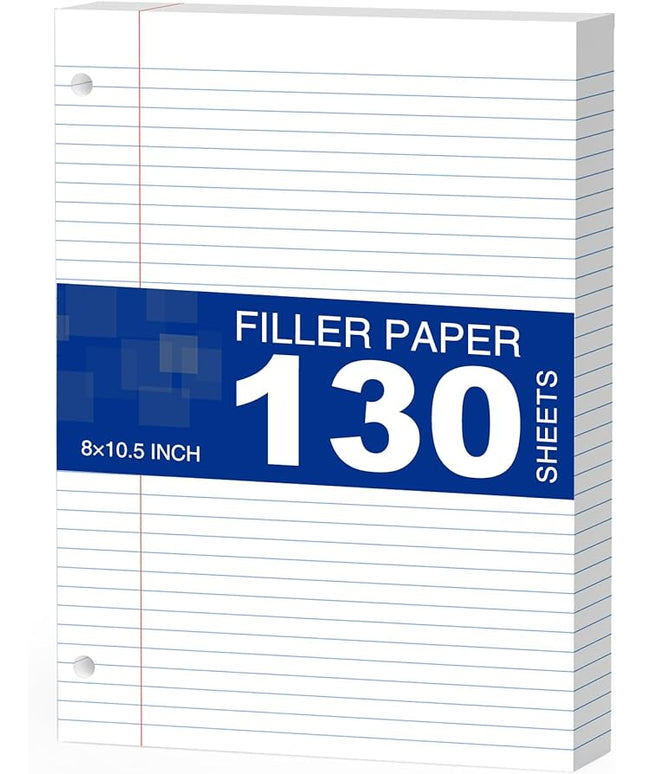 White Loose Leaf Paper 130 Sheets Filler Paper 8 * 10.5 College Ruled 3-Hole Punched for 3-Ring Binders Notebook Lined 8" x 10.5"