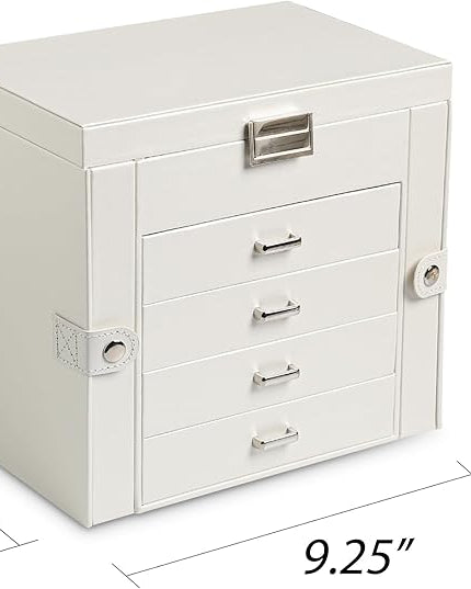 Frebeauty 5-layer Jewelry Box,Faux Leather Jewelry Organizer with 4 Drawers,Jewelry Organizers and Storage with Mirror,Jewelry Holder Organizer for Necklace,Jewerly Boxes for Women Girls(White)