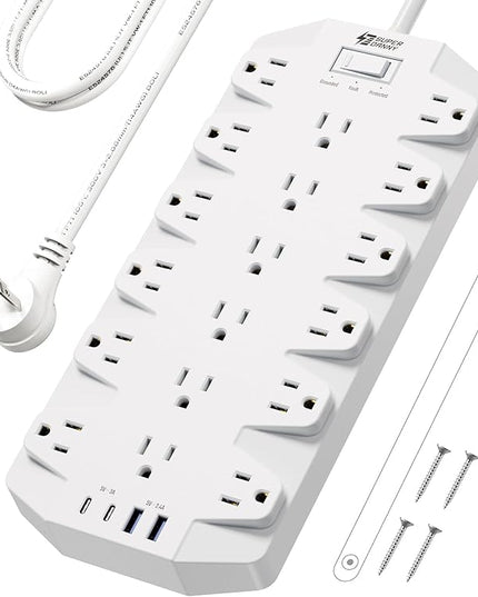 Power Strip Surge Protector, SUPERDANNY 18 Outlets with 2 USB C + 2 USB A Ports, 1875W/15A, 2100J, 6.5FT Flat Plug Heavy Duty Extension Cord with Multiple Outlets for Home, Office, Dorm, White