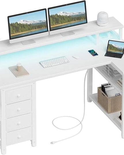 Lufeiya L Shaped Desk with Led Lights and Power Outlets, 47 Inch Writing Study Computer Gaming Desks with Fabric Drawers for Bedroom, Home Office Corner Desk with Monitor Stand Shelves, White