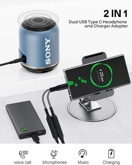 USB C Splitter 1 in 2 Out HiFi Audio Adapter, Dual USB C Headphone and Charger Adapter Support Call PD 60W Charge for iPhone 17/16 / 15 Series, MacBook, iPad, Galaxy S25 / S24 and More （Black）