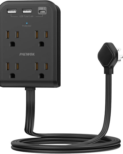 Flat Multi Plug Extender with 3 USB Wall Charger(1 Type C), 4 Outlet Wall Adapter, 4 ft Thin Extension Cord, Flat Plug Surge Protector Power Strip for Home, Office. Black