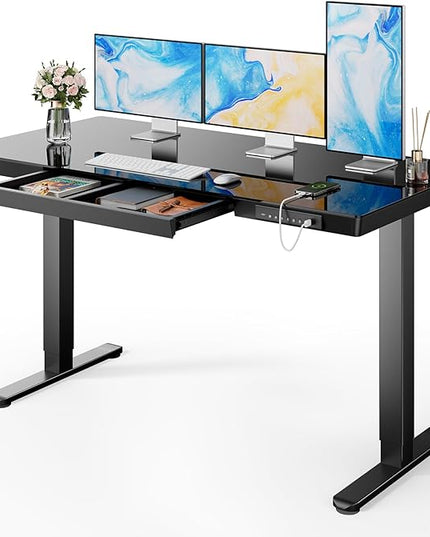Marsail Glass Standing Desk with Drawer,55 x 28 inch Electric Standing Desk, Sit Stand Desk with One-Piece Tabletop & USB Charging Ports, Height Adjustable Desk with Storage for Home & Office Black