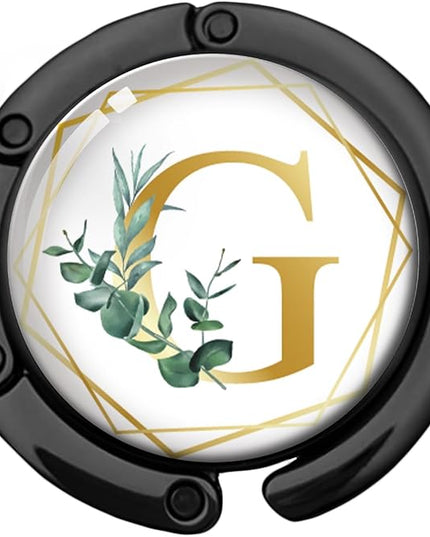 Gold Initial Foldable Purse Hook Gifts, Eucalyptus Letter Handbag Hanger, Women's Bag Hanger Holder, Round Purse Table Hook, Funny Desk Decor Gifts for Women Coworker Friend (Eucalyptus G)