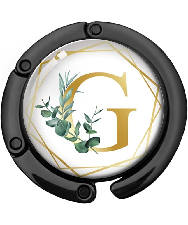 Gold Initial Foldable Purse Hook Gifts, Eucalyptus Letter Handbag Hanger, Women's Bag Hanger Holder, Round Purse Table Hook, Funny Desk Decor Gifts for Women Coworker Friend (Eucalyptus G)