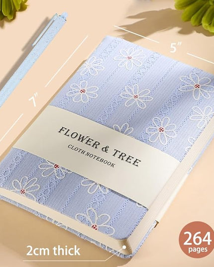 B6 Notebook, Flower Fabric Journal, Writing Notebook for Women, 5x7 Lined Notebook & Sketchbook, Lay Flat Hardcover Notebook, Small Sketchbook, Daisy Gifts for Girl, Blue
