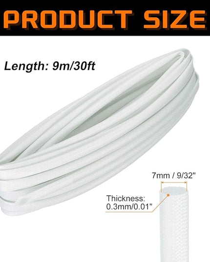 MECCANIXITY 30ft Braided Cable Sleeve, 9/32" ID 200C High Temperature 1500V Fiberglass Wire Insulation Cord Protector Organizer Wires Management for Motor Engine Fuel Line, White
