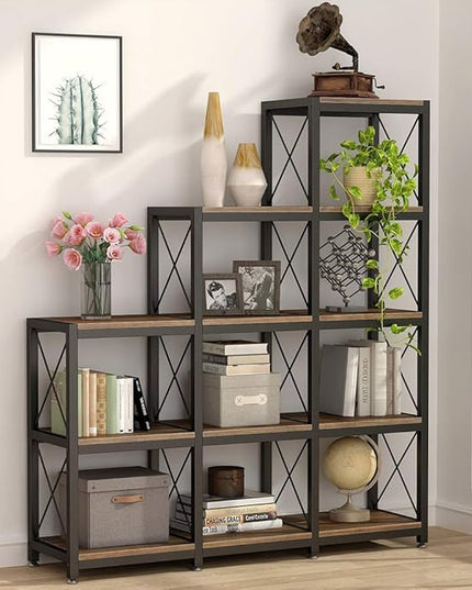 Tribesigns 12 Shelves Bookshelf, Industrial Ladder Corner Bookshelf 9 Cubes Stepped Etagere Bookcase, Rustic 5-Tier Display Shelf Storage Organizer for Home Office (Rustic Brown)