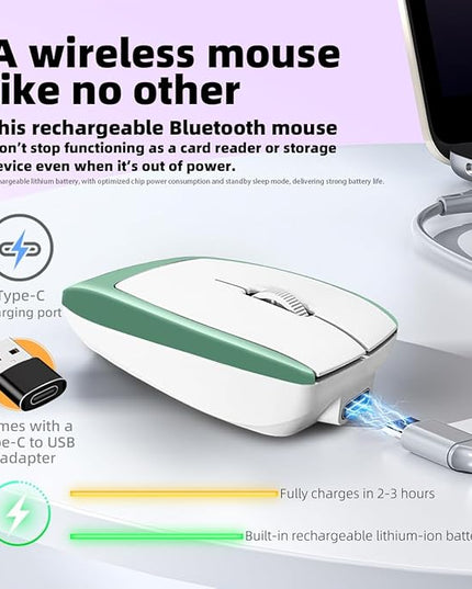 Mini 2-in-1 Wireless Bluetooth Mouse & TF Card Reader - 8GB TF Card Included, Type-C to USB Adapter, Rechargeable, Ultra-Compact (78×38×22mm), Perfect for Travel, Office & On-The-Go, Green