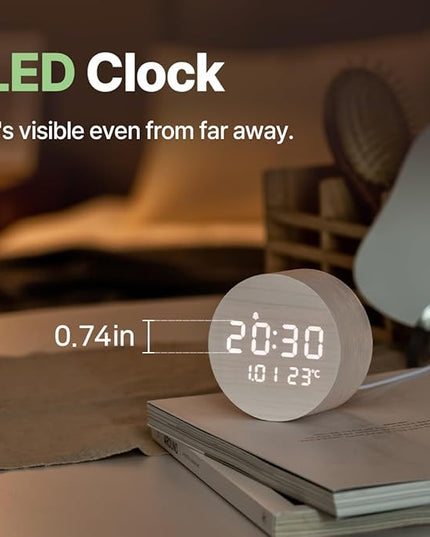 FLT Moonfall Wood Interior LED Desk Clock-White (Designed in Korea)- Time, Date, Temperature Display, Customizable Alarms, Auto Brightness, Compact 3.46-Inch Size, USB Cable & Adapter Included