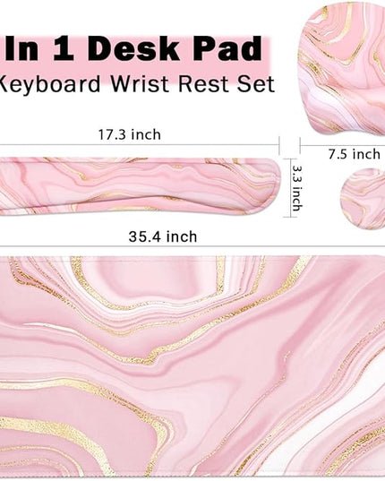 Keyboard Wrist Rest Large Mouse Pad Wrist Support for Computer, 4 in 1 Memory Foam Keyboard Pad Desk Mat Ergonomic Hand Rest Wrist Cushion for Home Office Gaming - Pink Marble