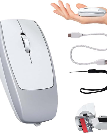 Mini Wireless Bluetooth Mouse, with Card Reader (Up to 2TB) Portable Small Silent Rechargeable Optical Travel Thin Finger Mice 3 Levels DPI for PC/Smartphone/Laptop/Tablet Student Kids Gift（Silver）