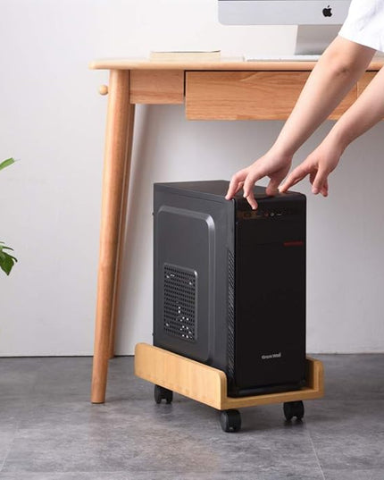 KIRIGEN Computer Tower Stand Cart - Heavy Duty Desktop Mobile Cart Holder for Computer Host with 4 Mute Caster Wheels - Wood Rolling ATX PC Case Rack, CPU Case Protecting Shelf (ZJJ Dark Brown)