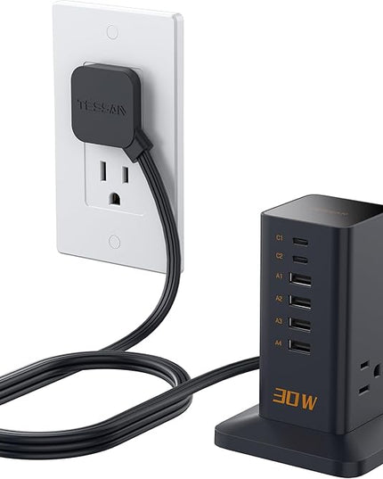 Charging Station 30W, TESSAN 9-in-1 Charger Blocks for iPhone 17/16/15/14, Tablets, Earphone with Surge Protector, 5ft Flat Extension Cord with 4 USB A, and 2 USB C for Home, Office, Dorm, Black