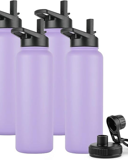 DOMICARE 40 oz Insulated Water Bottle Bulk, Vacuum Insulated Stainless Steel Sports Water Bottle with Straw Lid & Spout Lid, Leakproof, Reusable - Travel, Camping, Bike, Purple (4 Pack)