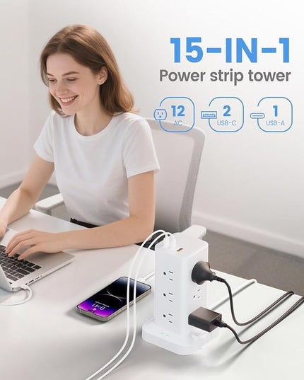 Power Strip Tower with Surge Protector 1800J, Fast Charging Tower PD20W USB-C Ports with 12 AC Outlets, 6ft Extension Cord for Home Office Dorm Room, White