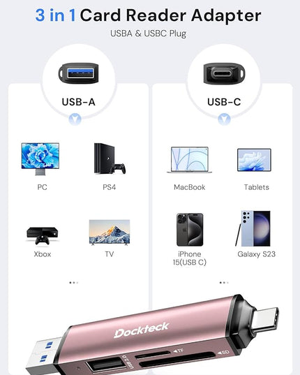 Dockteck SD Card Reader, 5G Super Speed USB3.0 SD/TF Card Reader, 3-Slot USB A/C to SD/Micro SD/USB A Memory Card Reader for UHS-I SD/Micro SD/SDHC/SDXC/MMC, Support OTG for Plug&Play,Pink