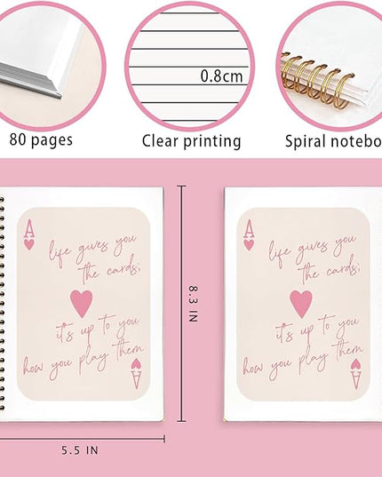 Trendy Ace of Hearts Notebook，Pink Lucky You Notebook，Preppy Gifts for Women, Pink Office Supplies, Hardcover Spiral Notebook 80 Sheets -160 Pages 5.5x8.3 Inch