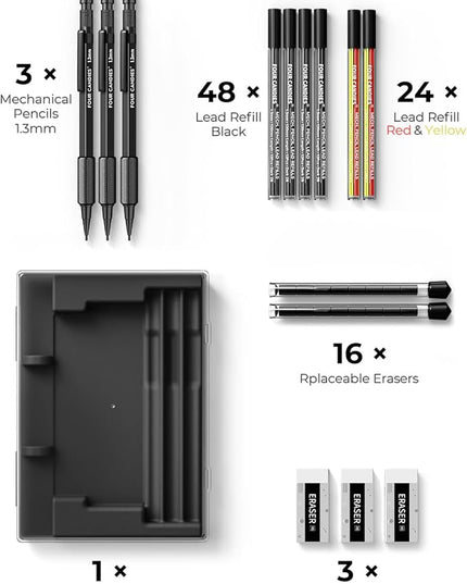 Four Candies 1.3mm Mechanical Pencil Set with 72 Lead Refill, 3PCS Metal Weatherproof Body Heavy Duty Carpenter Pencil, 3 Eraser, 16 Eraser Refill, for Outdoor Woodworking Drafting Marking with Case