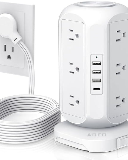 Tower Power Strip Flat Plug with 12 Outlets 4 USB(1 USB C),AOFO Surge Protector Charging Station with Overload Protection, Widely Spaced Multiple Outlets 10Ft Extension Cord for Home, Dorm,Office