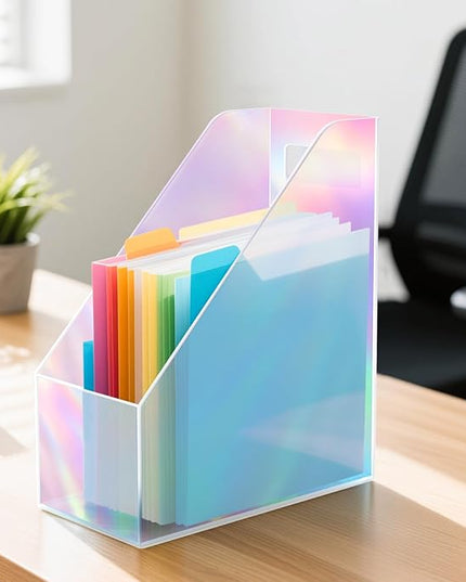 Acrylic Magazine Rack Desk File Holder Organizer for Office Desktop Vertical Magazine Storage Box, 12 x 10 x 5'', Iridescent