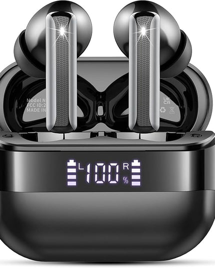 Wireless Earbuds, 2025 Bluetooth 5.4 Headphones Bass Stereo, Ear Buds with 4 Mics ENC Noise Cancelling, Bluetooth Earbuds 48H Playtime LED Display Charging Case, IP7 Waterproof in Ear Earphones Black