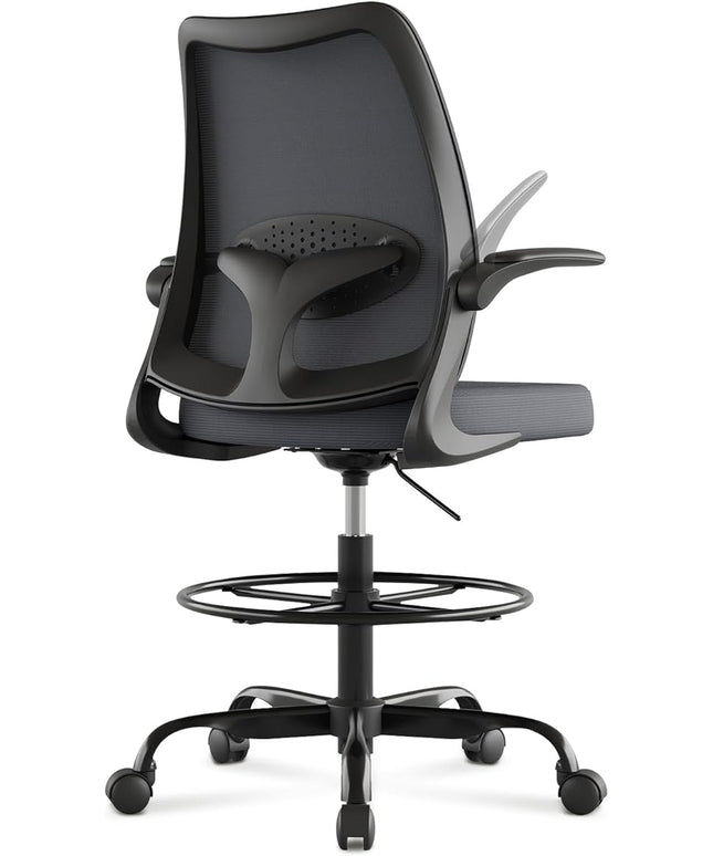 Tall Office Chair for Standing Desks,High Desk Drafting Chair with Adjustable Footrest Ring,Ergonomic Lumbar Support,Flip-Up Armrests for Home Office,Grey