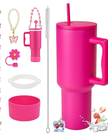 40 oz Tumbler with Handle and Straw & 6PCS Cup Accessories for 40 oz Cup - Vacuum Insulated Stainless Steel Double Wall Water Bottle Travel Coffee Mug - Holiday Gifts for Women Men (Raspberry Vibes)