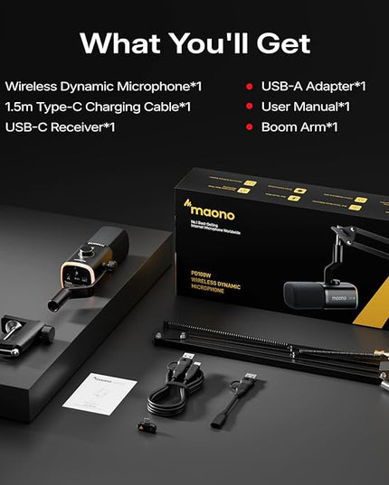MAONO PD100WS Wireless Gaming Microphone for PC, Dynamic Streaming USB Mic with 3 Level Noise Cancelling,RGB,Mute Button, Software EQ,Computer Boom Mic for Podcast, Vocal Recording, Black