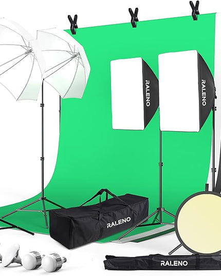 RALENO Photography Lighting Kit, 8.5x10ft Photo Backdrops Stands with 6x9ft Green Screen, 50W LED Bulbs, 5500 K, 97CRI, Umbrellas&Softbox Lighting kit for Studio Portrait Product Photography