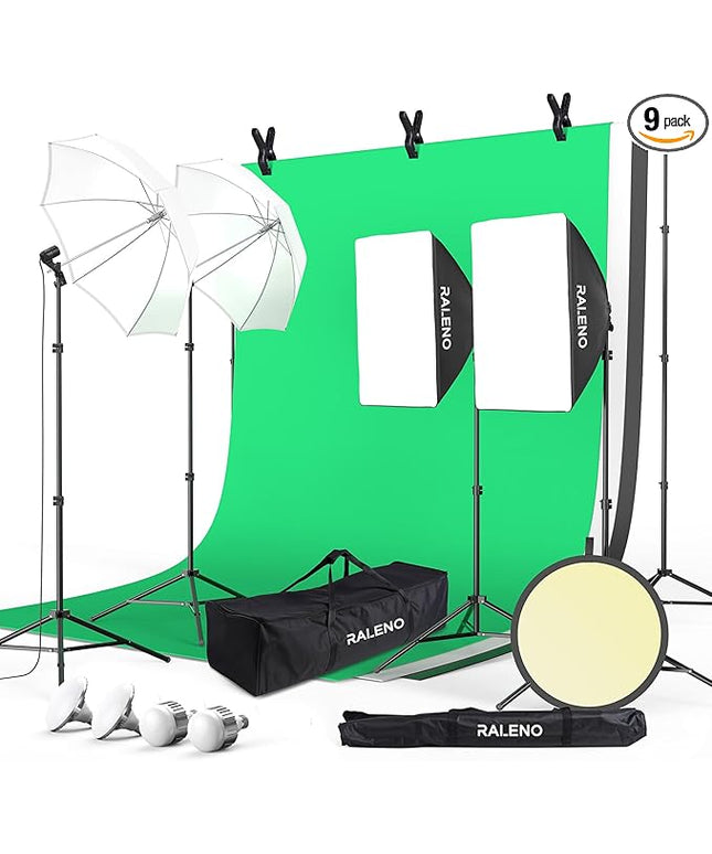 RALENO Photography Lighting Kit, 8.5x10ft Photo Backdrops Stands with 6x9ft Green Screen, 50W LED Bulbs, 5500 K, 97CRI, Umbrellas&Softbox Lighting kit for Studio Portrait Product Photography