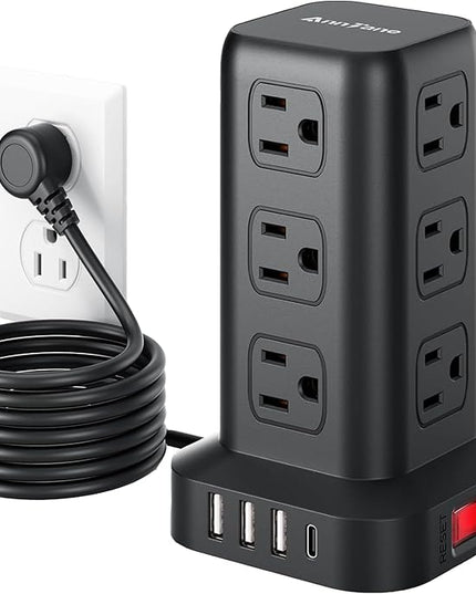 Surge Protector Power Strip 6.5 FT Cord, Power Strip Tower with 4 USB Ports (1USB C), Extension Cord with 12 AC Multiple Outlets, Home Office Supplies Desk Accessories, Dorm Room Essentials