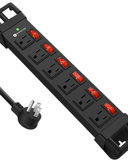 Heavy Duty Power Strip,6 Outlets Metal Power Strip with Individual Switch & Cord Management,Mountable Surge Protector 1200J,10FT Extension Cord (Black,10 FT)