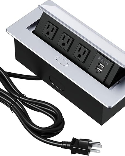 KYHSHJ Connection Box Desktop Pop Up Outlet with 2 USB Ports & 3 Outlets (Silver)