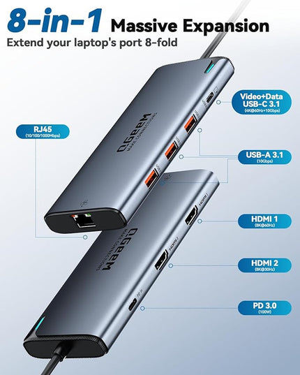 QGeeM USB C Hub,8 in 1 Extender Splitter with Single 8K,Dual 4K@60Hz HDMI,Multiport USB C to Ethernet Adapter for Type C Device,USB A 10Gbps Data,PD100W-M1/M2 only 1 Display