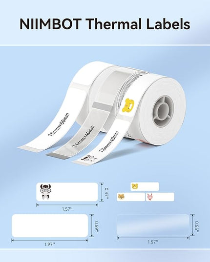 NIIMBOT Label Maker Tape for D110/D11/D101 Label Printer, Multi-Size 3Rolls Pack | 0.59'' x 1.97''White, 0.55'' x 1.57''Transparent, 0.47'' x 1.57''Zoo, for Home Office School Labeling