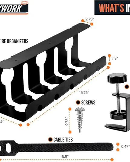 2Pcs 15.75 Inch Super Sturdy Gaming Cable Management Standing Desk wire organizer Large cord basket Under desk rack Mount With Clamps & Screws power strip holder chord organization j channel No Damage